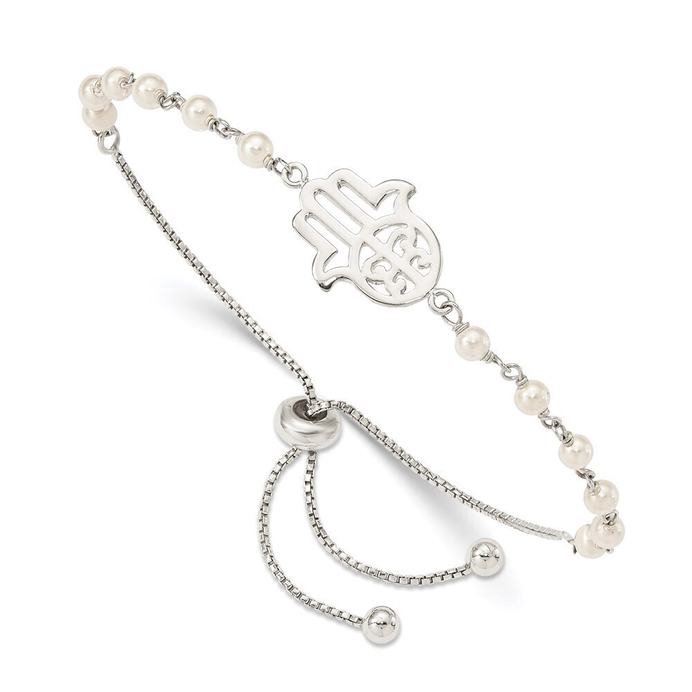 Kazi Luxury Sterling Silver Hamsa w/ Simulated Pearl Adjustable Bracelet